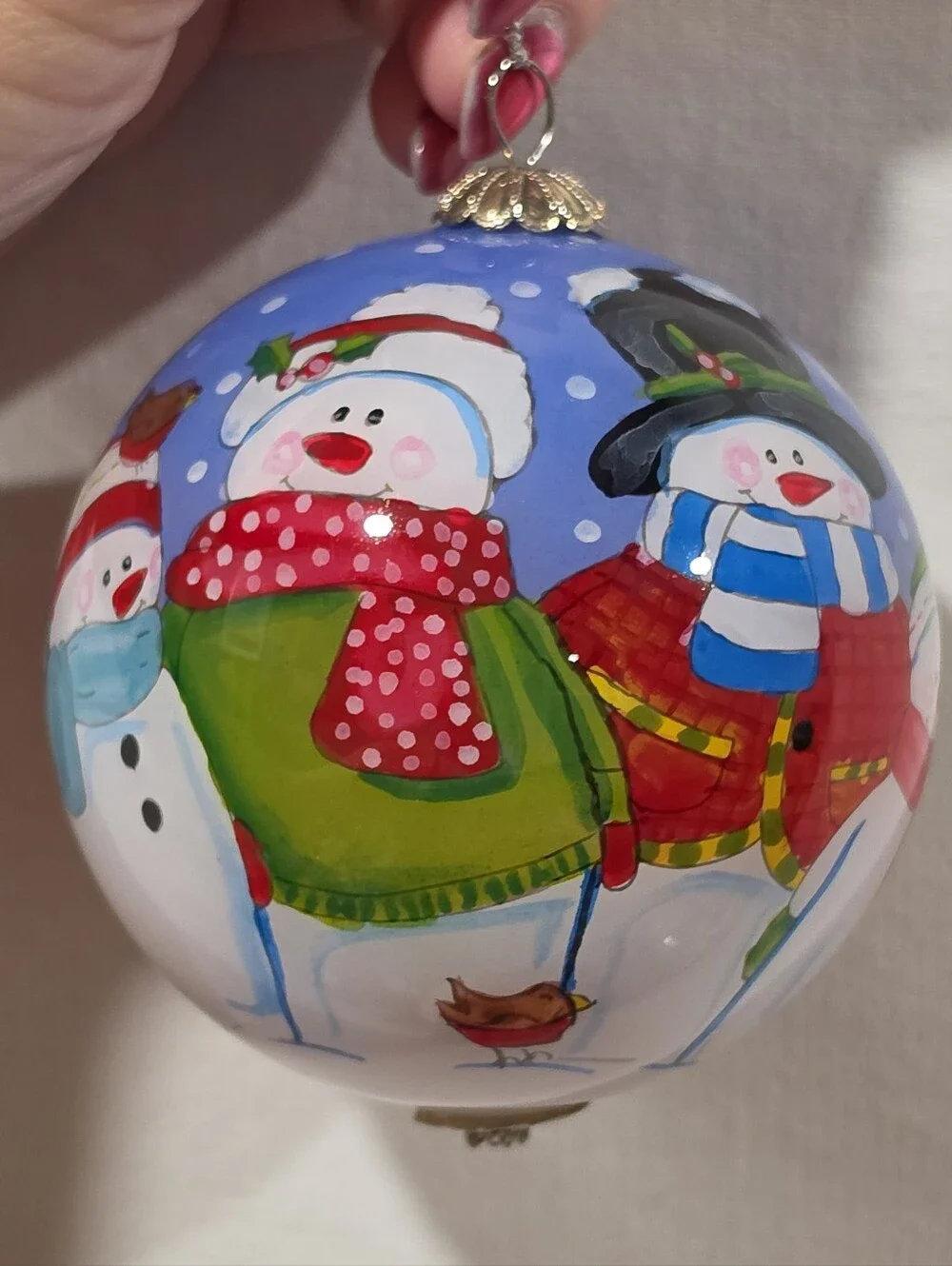 2010 Pier One Li Bien Hand Painted Glass Snowman Christmas Ornament w Box